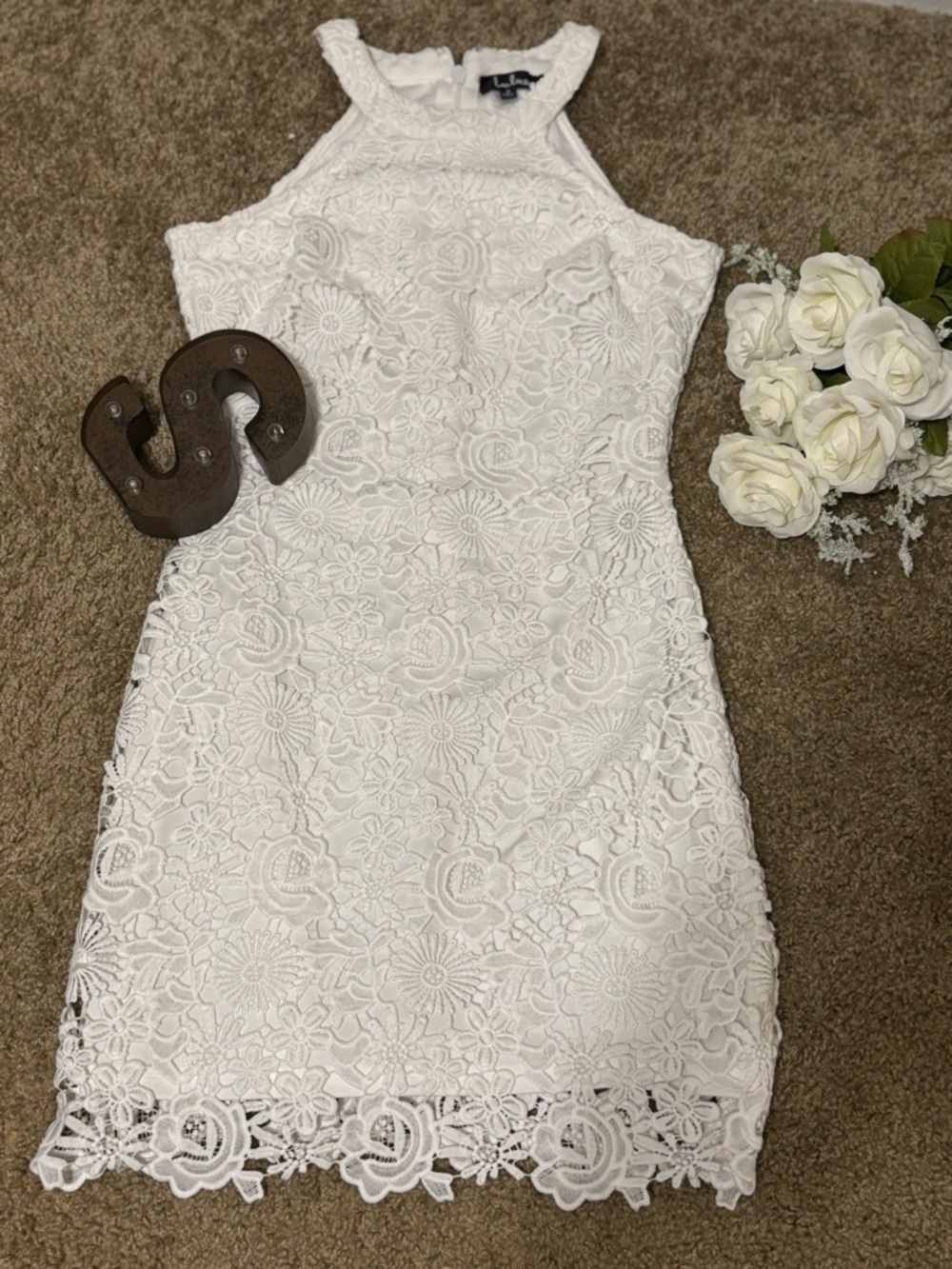 Lulu's White Floral Lace Halter Mini Dress